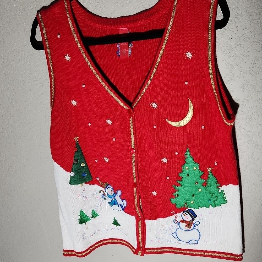 Vintage Ugly Christmas Sweater Vest Snowman Large Red White